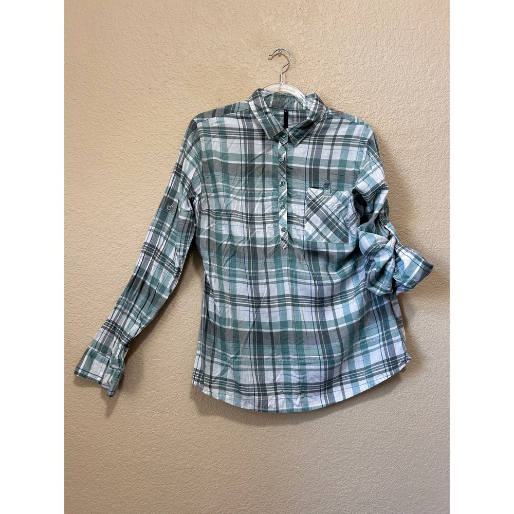 KUHL XL Tencel Plaid Button Top Green Blue Roll Tab Hiking Gorp Outdoor